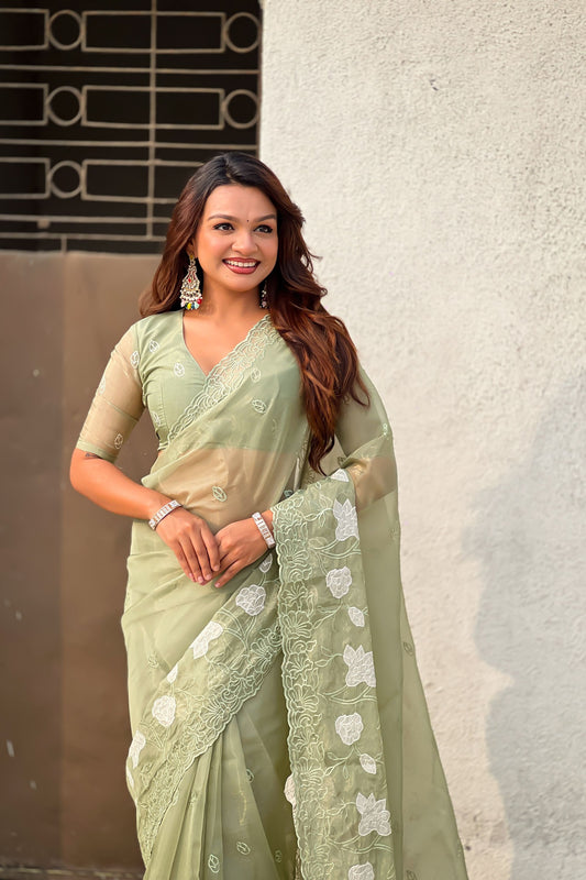 Olive Green Organza Saree Floral Embroidery Border Party Wear Saree