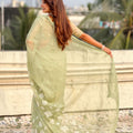 Olive Green Organza Saree Floral Embroidery Border Party Wear Saree