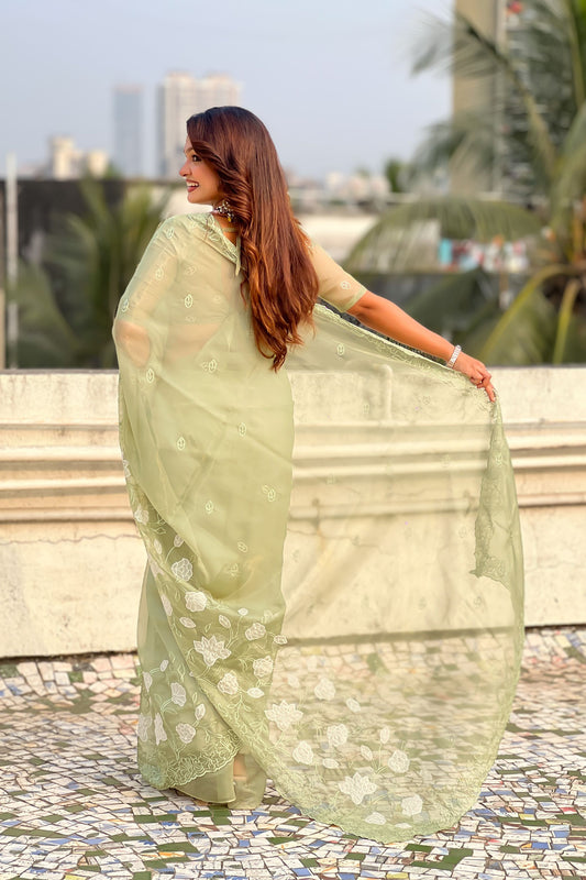 Olive Green Organza Saree Floral Embroidery Border Party Wear Saree