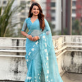 Sky Blue Organza Saree Floral Embroidery Border Party Wear Saree