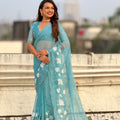 Sky Blue Organza Saree Floral Embroidery Border Party Wear Saree