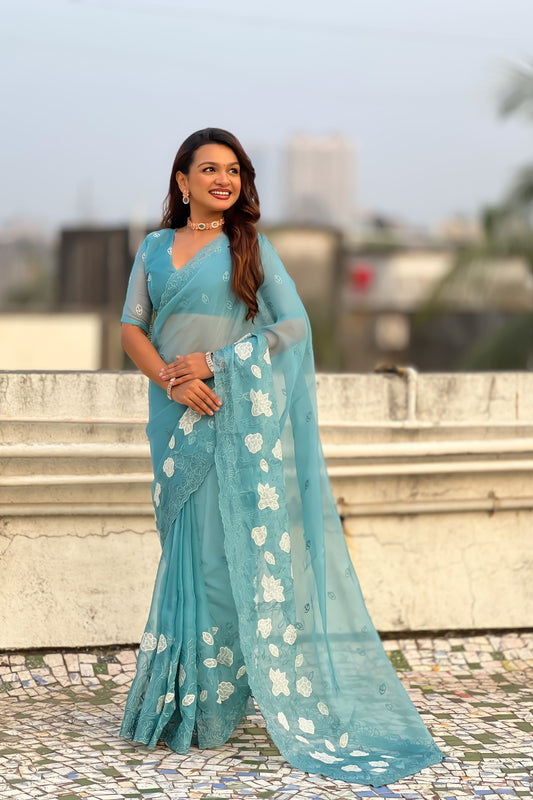 Sky Blue Organza Saree Floral Embroidery Border Party Wear Saree