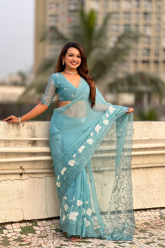 Sky Blue Organza Saree Floral Embroidery Border Party Wear Saree