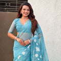 Sky Blue Organza Saree Floral Embroidery Border Party Wear Saree