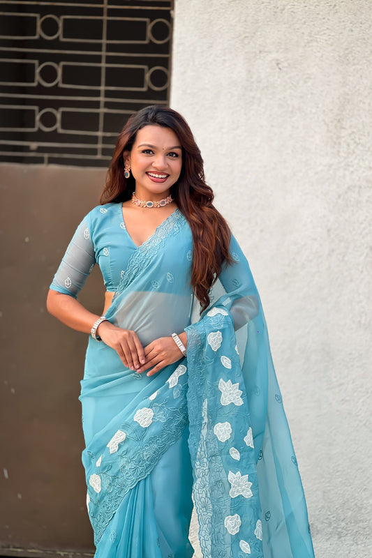 Sky Blue Organza Saree Floral Embroidery Border Party Wear Saree