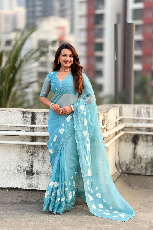 Sky Blue Organza Saree Floral Embroidery Border Party Wear Saree
