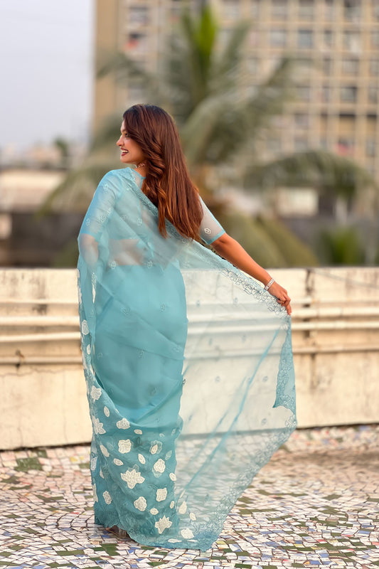 Sky Blue Organza Saree Floral Embroidery Border Party Wear Saree