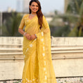 Yellow Organza Saree Floral Embroidery Designer Blouse Party Wear Saree