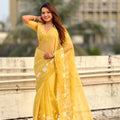 Yellow Organza Saree Floral Embroidery Designer Blouse Party Wear Saree