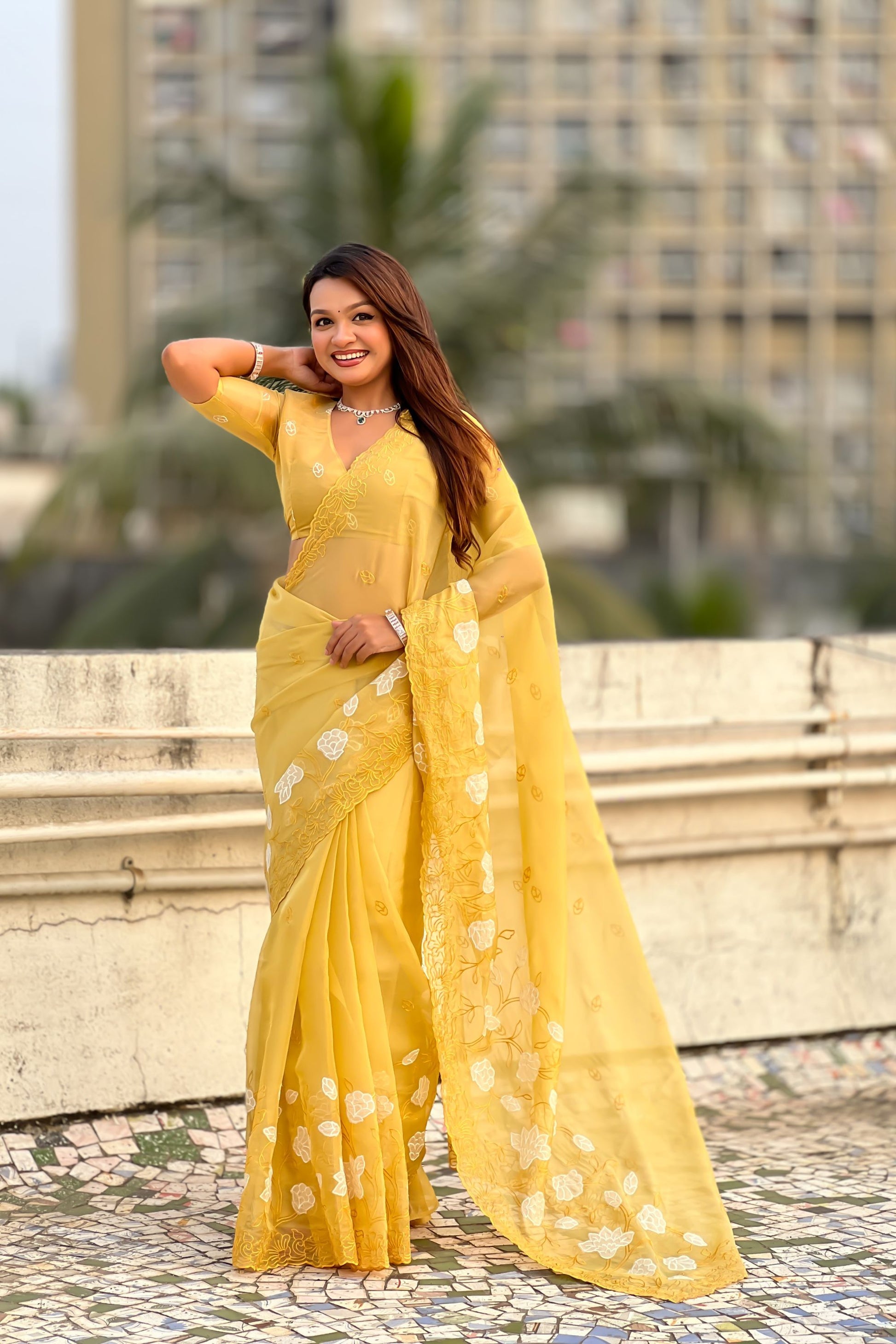 Yellow Organza Saree Floral Embroidery Designer Blouse Party Wear Saree