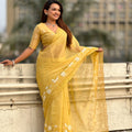 Yellow Organza Saree Floral Embroidery Designer Blouse Party Wear Saree