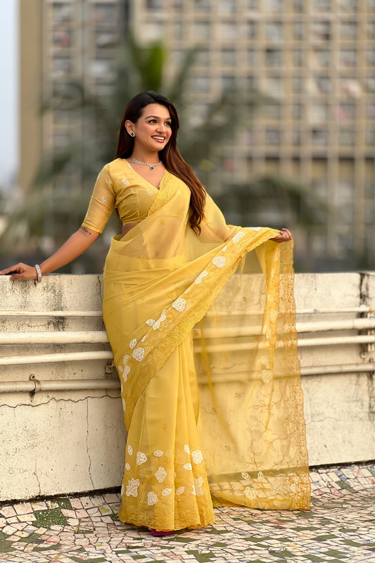 Yellow Organza Saree Floral Embroidery Designer Blouse Party Wear Saree