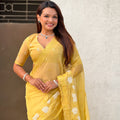 Yellow Organza Saree Floral Embroidery Designer Blouse Party Wear Saree