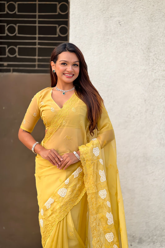 Yellow Organza Saree Floral Embroidery Designer Blouse Party Wear Saree