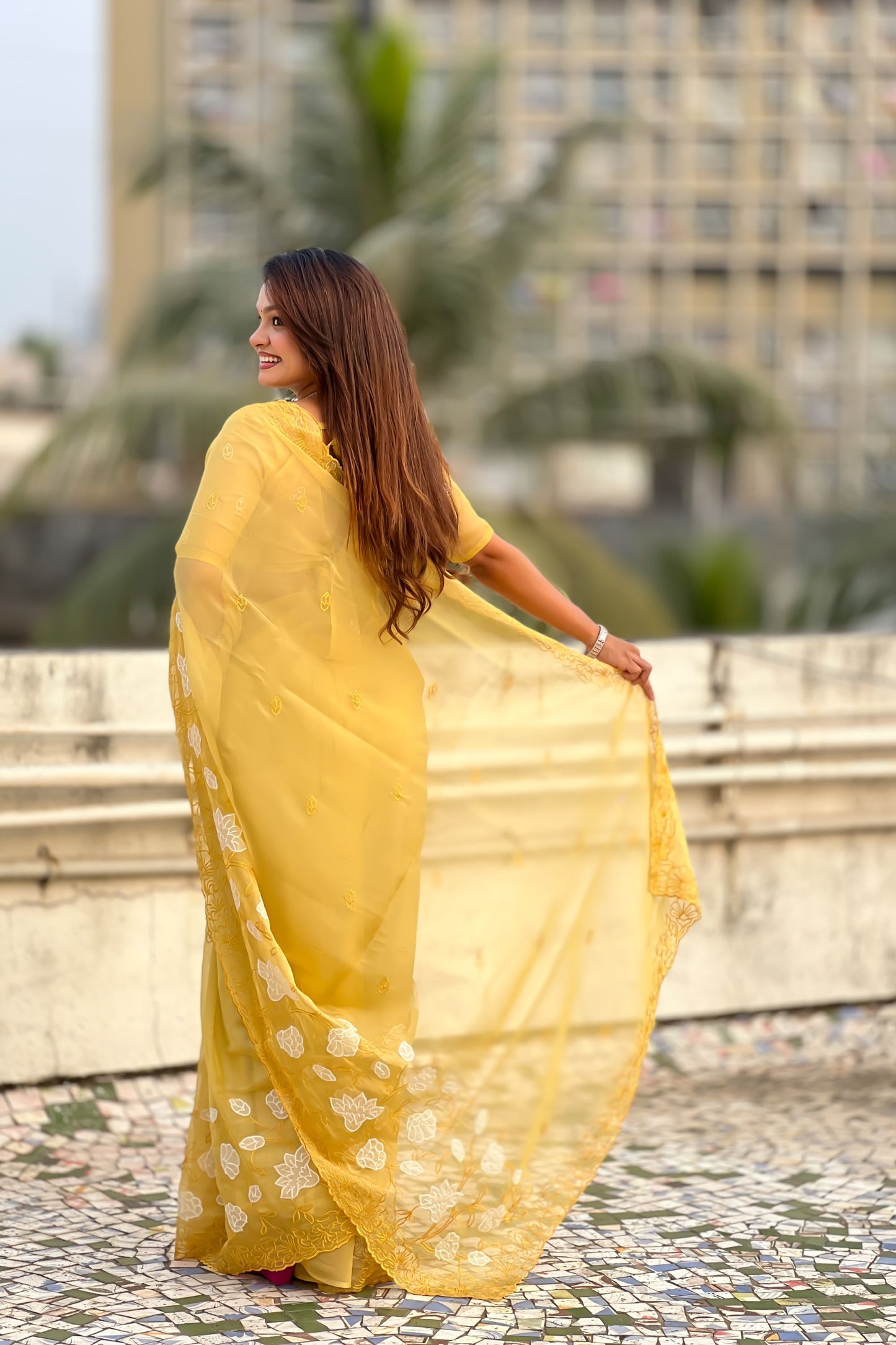 Yellow Organza Saree Floral Embroidery Designer Blouse Party Wear Saree