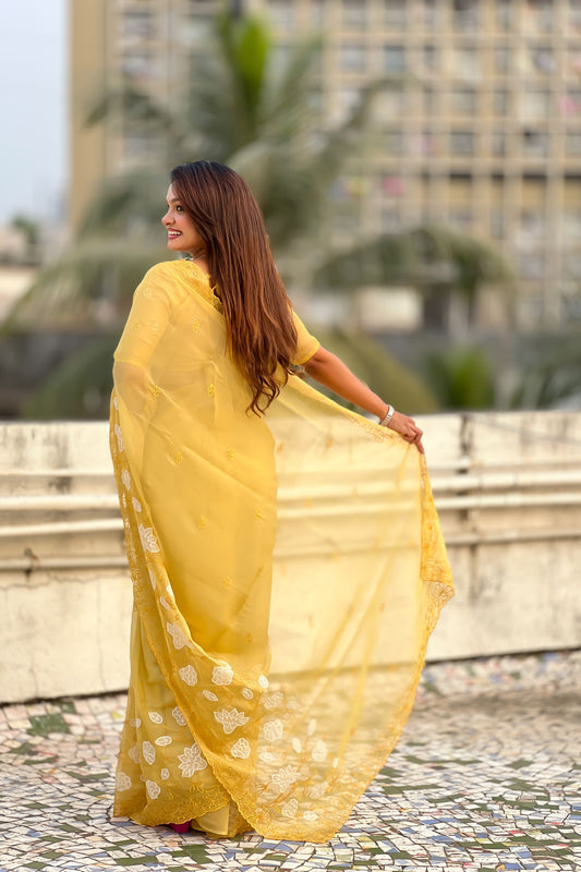 Yellow Organza Saree Floral Embroidery Designer Blouse Party Wear Saree