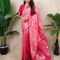 Pink Banarasi Silk Saree Rich Gold Zari Floral Design Contrast Red Pallu