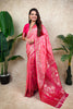 Pink Banarasi Silk Saree Rich Gold Zari Floral Design Contrast Red Pallu