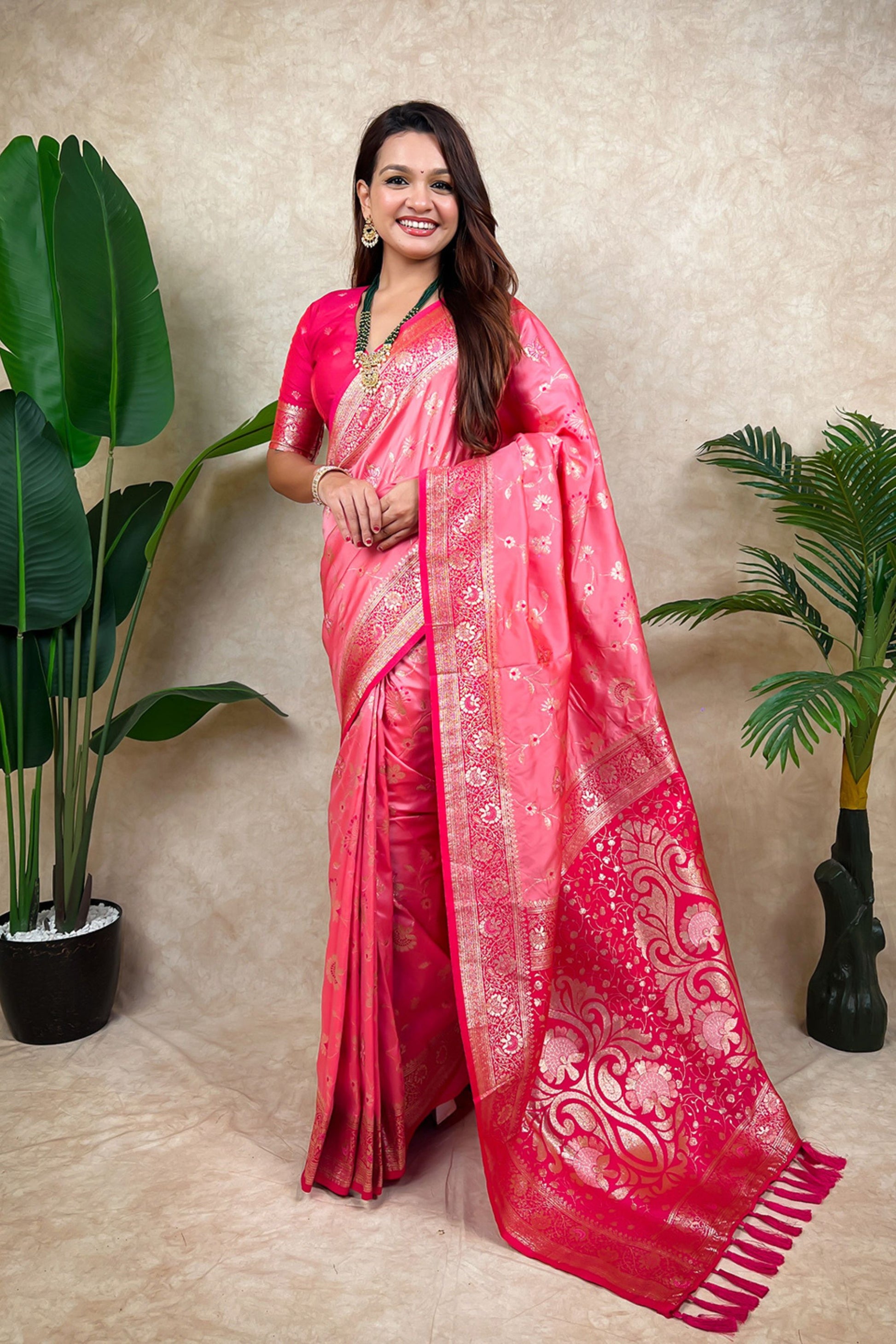 Pink Banarasi Silk Saree Rich Gold Zari Floral Design Contrast Red Pallu