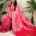 Pink Banarasi Silk Saree Rich Gold Zari Floral Design Contrast Red Pallu