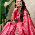 Pink Banarasi Silk Saree Rich Gold Zari Floral Design Contrast Red Pallu