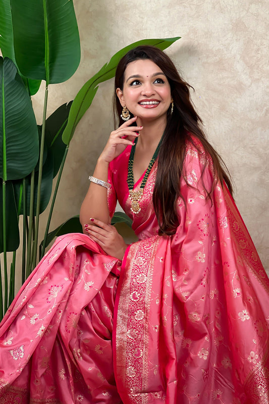 Pink Banarasi Silk Saree Rich Gold Zari Floral Design Contrast Red Pallu