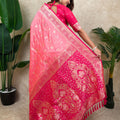 Pink Banarasi Silk Saree Rich Gold Zari Floral Design Contrast Red Pallu