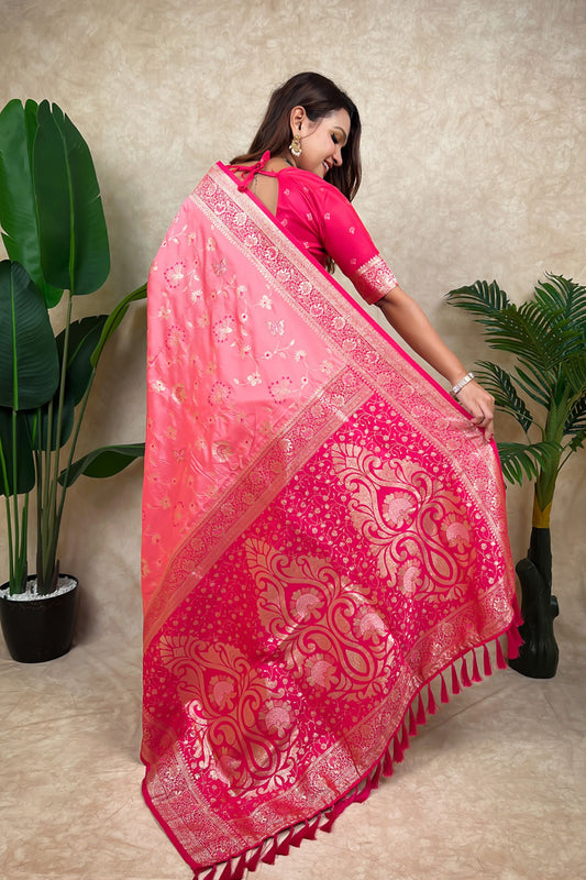 Pink Banarasi Silk Saree Rich Gold Zari Floral Design Contrast Red Pallu