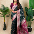 Dark Green Magenta Banarasi Silk Saree Zari Woven Floral Design