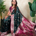 Dark Green Magenta Banarasi Silk Saree Zari Woven Floral Design