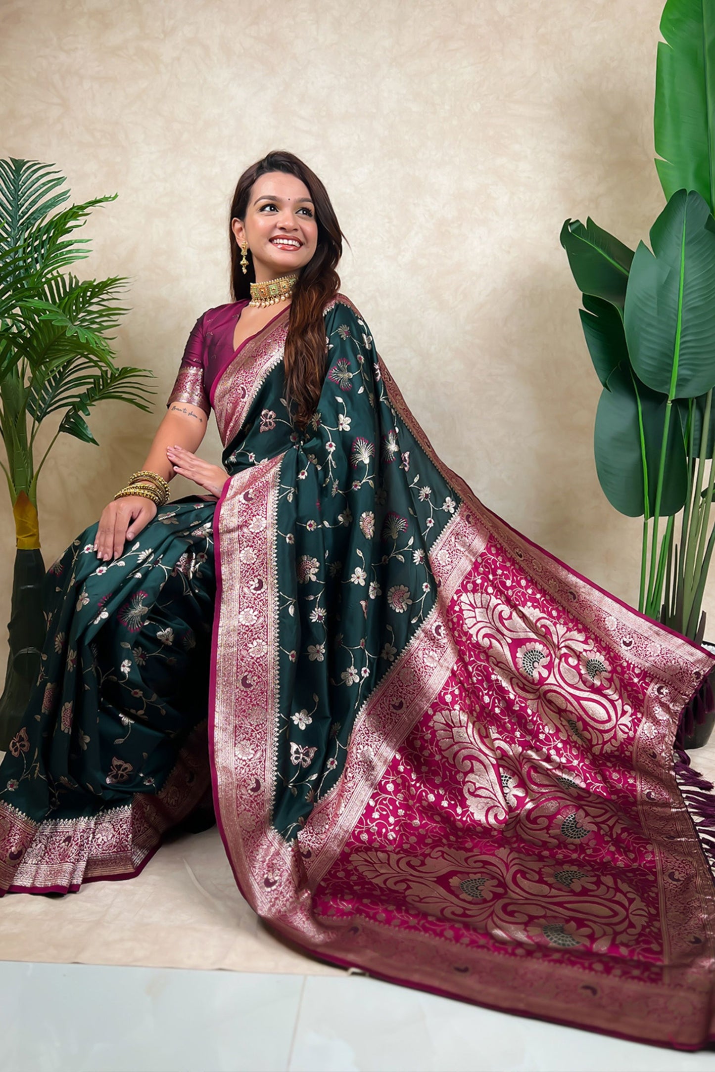 Dark Green Magenta Banarasi Silk Saree Zari Woven Floral Design