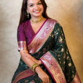 Dark Green Magenta Banarasi Silk Saree Zari Woven Floral Design