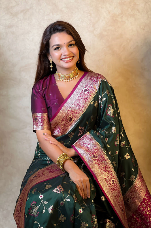 Dark Green Magenta Banarasi Silk Saree Zari Woven Floral Design
