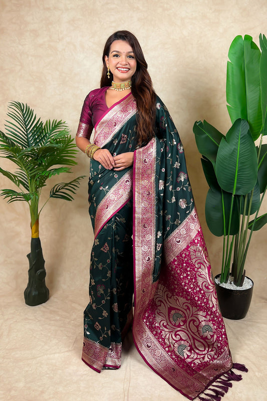 Dark Green Magenta Banarasi Silk Saree Zari Woven Floral Design