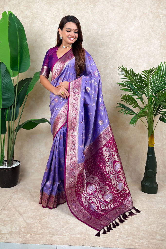 Lavender Magenta Banarasi Silk Saree Zari Floral Weaving Border