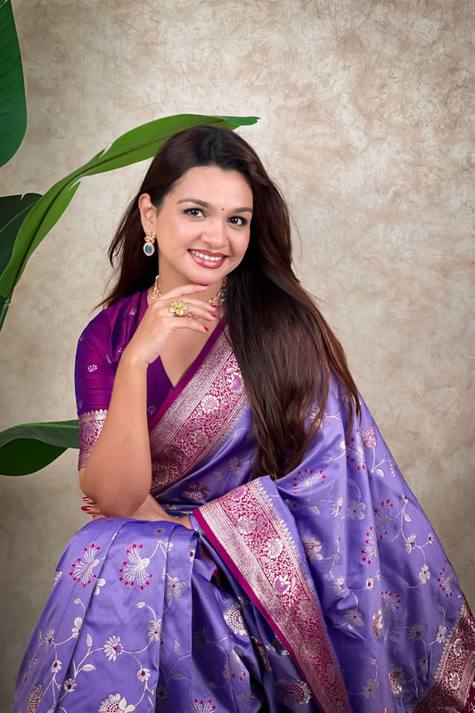 Lavender Magenta Banarasi Silk Saree Zari Floral Weaving Border