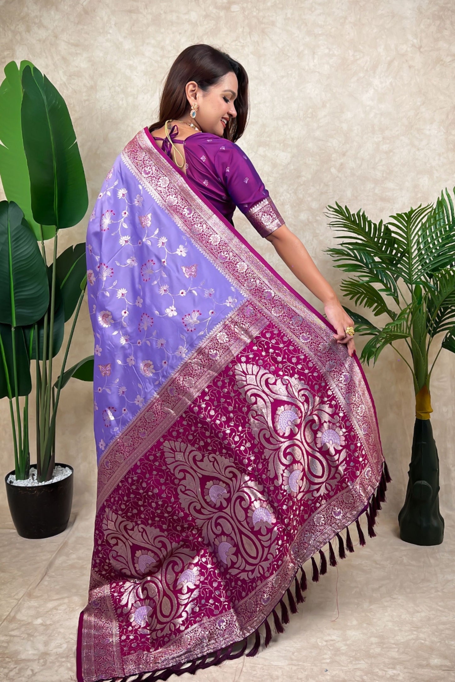 Lavender Magenta Banarasi Silk Saree Zari Floral Weaving Border