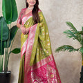 Olive Green Pink Banarasi Silk Saree Zari Floral Weaving Rich Contrast Pallu
