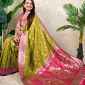 Olive Green Pink Banarasi Silk Saree Zari Floral Weaving Rich Contrast Pallu