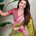 Olive Green Pink Banarasi Silk Saree Zari Floral Weaving Rich Contrast Pallu