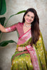 Olive Green Pink Banarasi Silk Saree Zari Floral Weaving Rich Contrast Pallu
