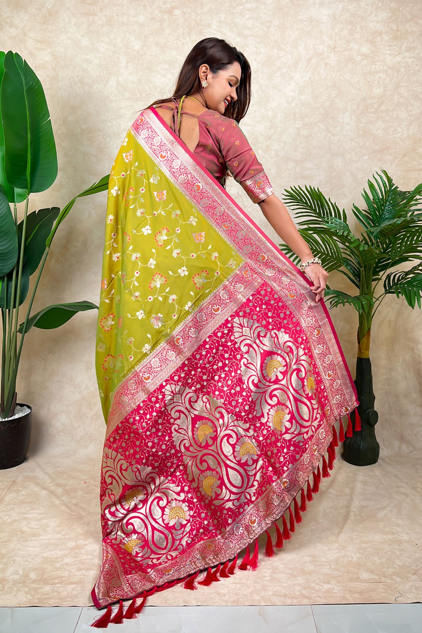 Olive Green Pink Banarasi Silk Saree Zari Floral Weaving Rich Contrast Pallu