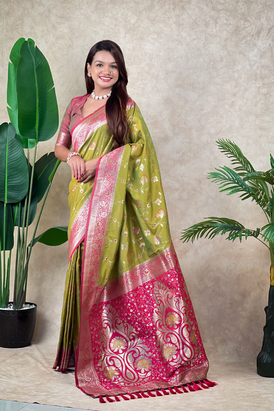Olive Green Pink Banarasi Silk Saree Zari Floral Weaving Rich Contrast Pallu
