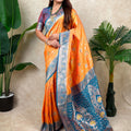 Orange Teal Blue Banarasi Silk Saree Zari Floral Weaving Border