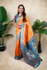 Orange Teal Blue Banarasi Silk Saree Zari Floral Weaving Border