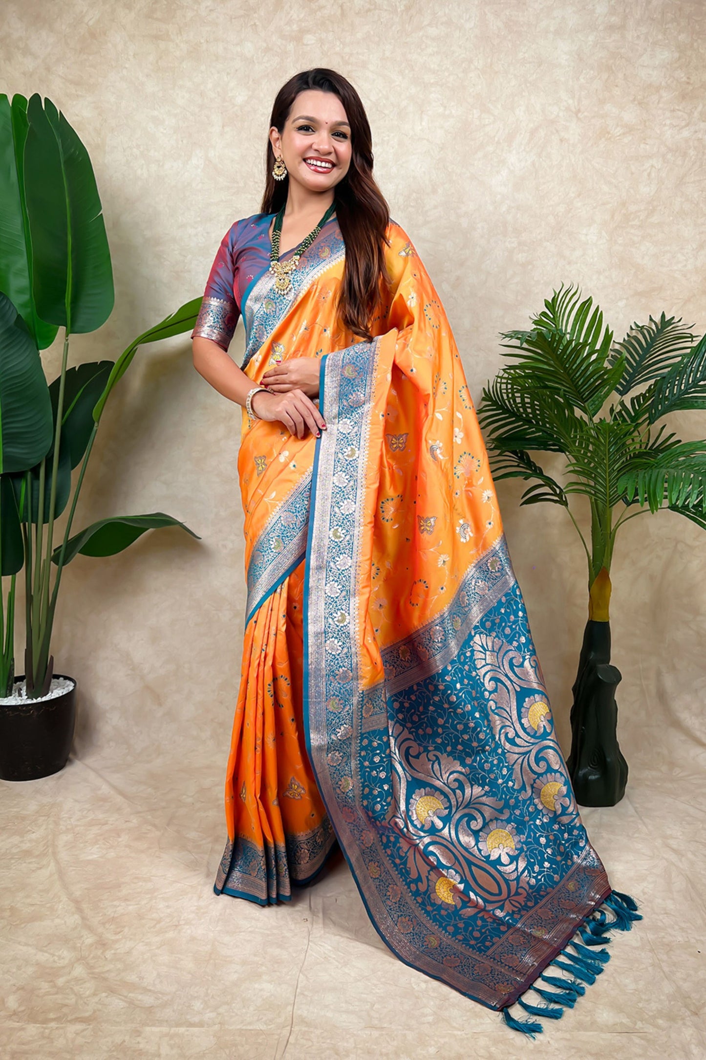 Orange Teal Blue Banarasi Silk Saree Zari Floral Weaving Border