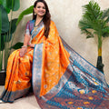 Orange Teal Blue Banarasi Silk Saree Zari Floral Weaving Border