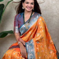 Orange Teal Blue Banarasi Silk Saree Zari Floral Weaving Border