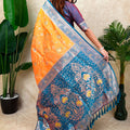 Orange Teal Blue Banarasi Silk Saree Zari Floral Weaving Border
