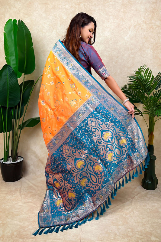 Orange Teal Blue Banarasi Silk Saree Zari Floral Weaving Border